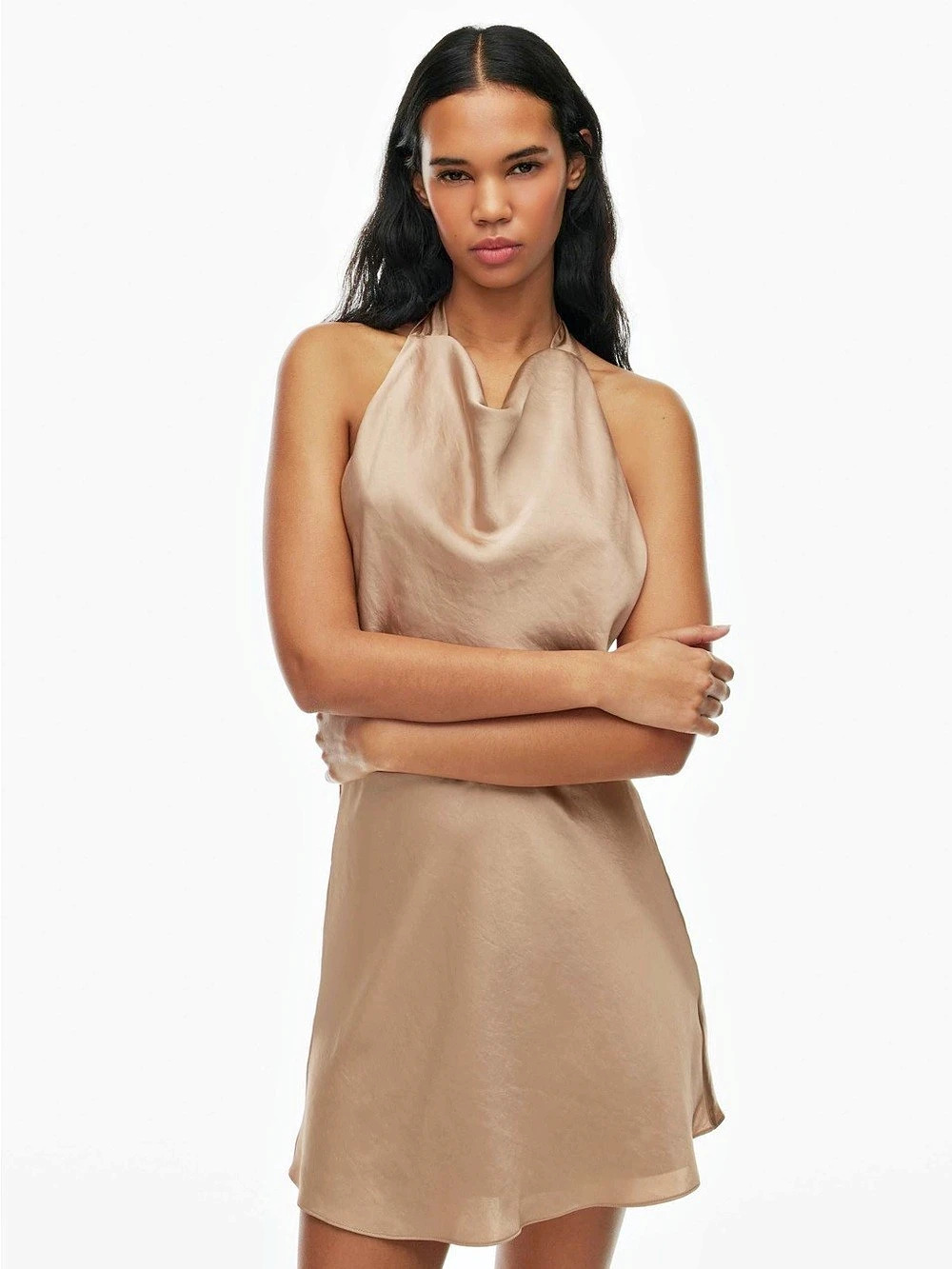 Wilfred Feya Satin Look Cowl Neck Mini Dress Halter NWT Aritzia Marmont Beige